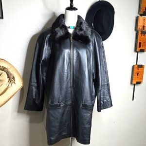 Women's Black Lamb Leather Coat, removable Mink Fur Collar 2XL By EWEAR